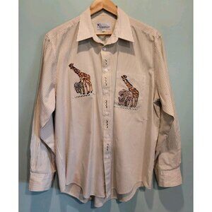 Mili Designs Tan White Safari Animal Embroidered Button Up Shirt Sz L